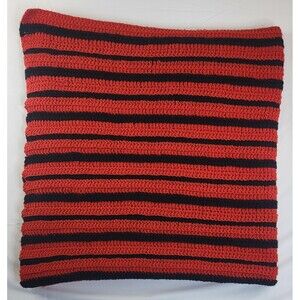 Handmade Afghan Striped Red & Black Crochet Knit Approx 50"X50"